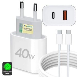 Kit Carregador Super Turbo 40W Porta Dupla (USB-A + USB-C) + Cabo USB Tipo-C